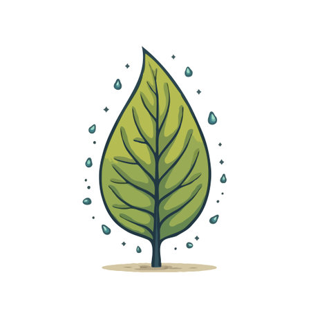 Illustration of a green leaf with water droplets around it, symbolizing nature, freshness, and environmental awareness.のイラスト素材
