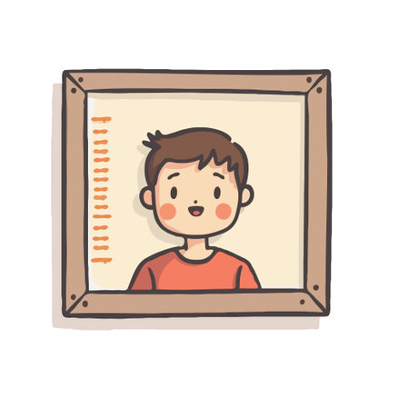 Cute cartoon illustration of a boy standing next to a height measurement chart, perfect for children's growth tracking.のイラスト素材