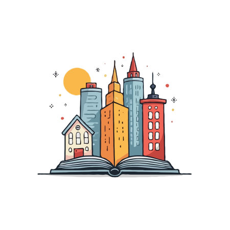 Whimsical cityscape illustration rising from an open book, symbolizing imagination, urban development, and storytelling.のイラスト素材