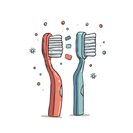 Two cartoon toothbrushes stand side by side, symbolizing dental hygiene and oral care. Vector illustration.のイラスト素材
