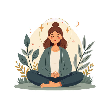 Illustration of a woman meditating in a serene natural setting, promoting wellness and mindfulness. Vector design.のイラスト素材