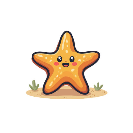 Adorable cartoon starfish with a smiling face, sitting on sand with small tufts of grass. Vector illustration.のイラスト素材