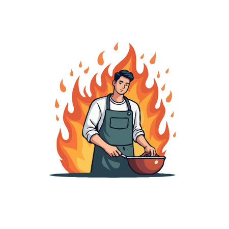 Illustration of a chef cooking with a pan, with a fire background. Great for culinary, food, or restaurant themes.のイラスト素材