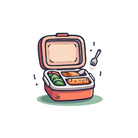Illustration of an open cartoon lunchbox filled with healthy food, accompanied by a small fork. Vector design.のイラスト素材