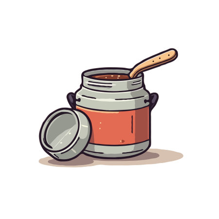 Cute cartoon illustration of a jar of jam with a spoon, perfect for food-related designs and illustrations.のイラスト素材