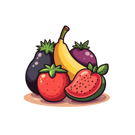 Whimsical cartoon illustration of a still life featuring a banana, eggplants, and strawberries, perfect for children's designs.のイラスト素材