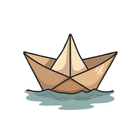 Cartoon illustration of a paper boat floating on water. Hand-drawn style with soft colors, isolated on white background.のイラスト素材