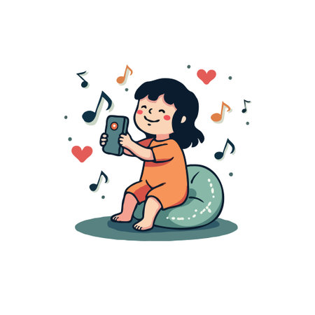 Cute girl listening music on smartphone sitting on beanbag chair. Cartoon style illustration with musical notes and hearts.のイラスト素材