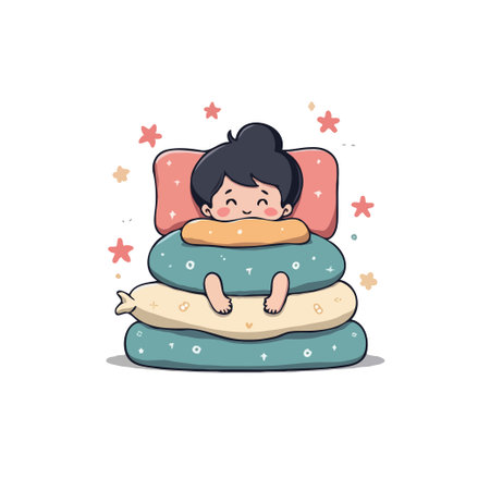 Adorable cartoon illustration of a child sleeping peacefully on a stack of soft, colorful pillows. Sweet dreams concept.のイラスト素材