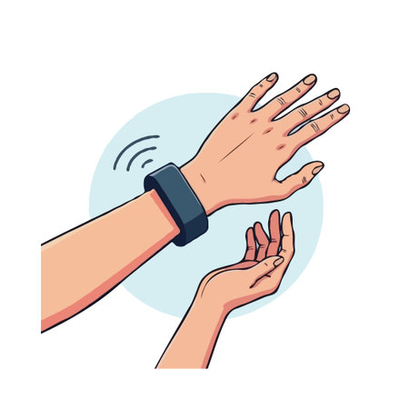 Illustration of a smart bracelet on a wrist controlling devices with hand gestures. Modern technology concept.のイラスト素材