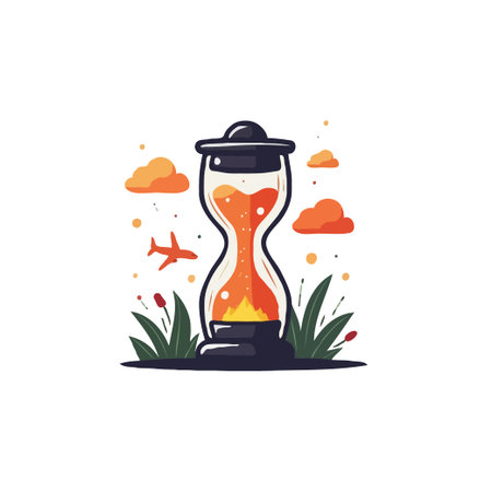 Whimsical illustration of an hourglass with orange sand, airplane and clouds, symbolizing travel time and vacation planning.のイラスト素材