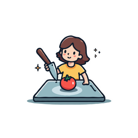 Adorable cartoon illustration of a young girl carefully slicing a ripe tomato on a cutting board with a knife.のイラスト素材