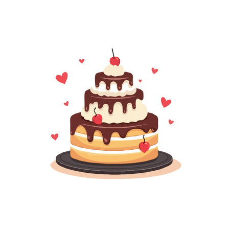 Three-tiered chocolate cake with dripping chocolate and cherries, surrounded by hearts, perfect for Valentine's Day or a wedding.のイラスト素材