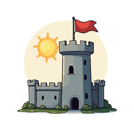 Cartoon illustration of a medieval castle with a red flag waving on top, set against a sunny background.のイラスト素材