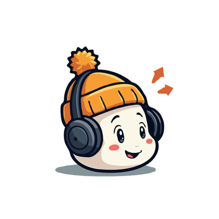 Adorable marshmallow character wearing a winter hat and headphones, perfect for music or winter-themed designs. Vector illustration.のイラスト素材