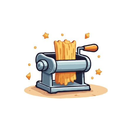 Cartoon illustration of a pasta machine making fresh pasta, surrounded by sparkling stars. Vector illustration.のイラスト素材