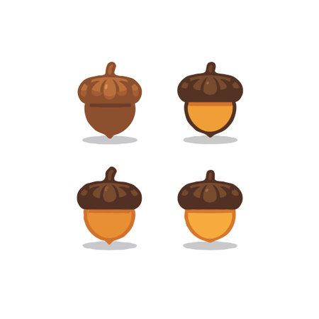 Collection of acorn icons. Perfect for autumn designs, seasonal graphics, and nature-themed illustrations. Vector format.のイラスト素材
