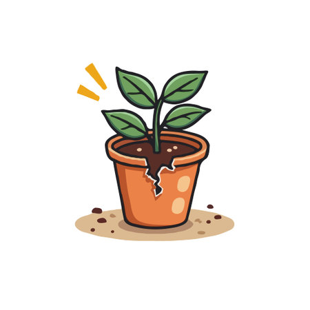 Cute cartoon illustration of a plant sprout growing in a cracked terracotta pot. Symbolizes growth and resilience.のイラスト素材