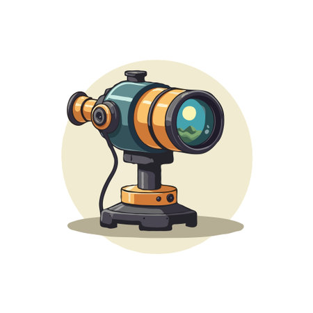 Cartoon illustration of a vintage telescope on a stand, perfect for science or exploration themed designs.のイラスト素材