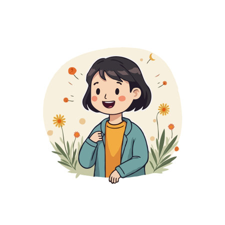 Cheerful cartoon illustration of a young girl smiling in a field of flowers, radiating joy and positivity.のイラスト素材