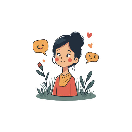 Cheerful cartoon illustration of a young woman surrounded by hearts and speech bubbles, expressing happiness and positivity.のイラスト素材