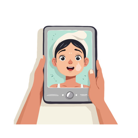 Woman with towel on head watching skincare tutorial on tablet. Beauty routine and online learning concept.のイラスト素材