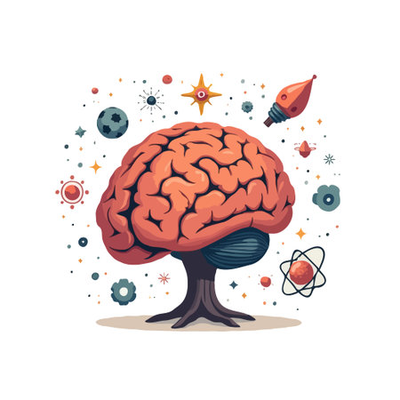 Brain tree illustration with science elements, representing knowledge, learning, and growth. Vector design for education and innovation.のイラスト素材