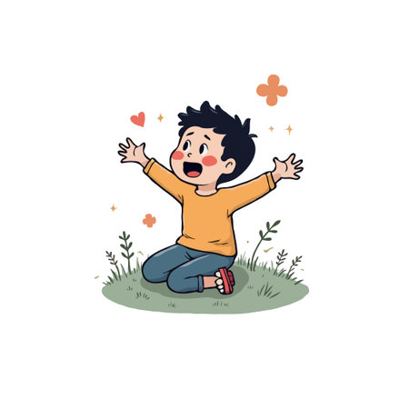 Cartoon illustration of a happy boy kneeling on grass with open arms, surrounded by flowers and hearts. Joyful and playful.のイラスト素材