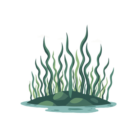Illustration of seaweed growing on a rock in water. Simple, cartoon style vector graphic of underwater plant life.のイラスト素材