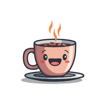 Adorable cartoon coffee cup with a happy face, perfect for illustrating cozy mornings and coffee breaks.のイラスト素材
