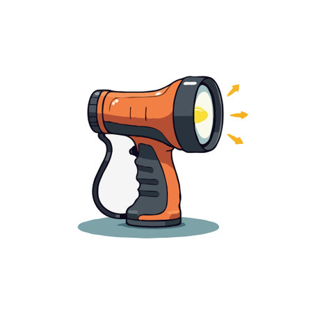 Illustration of an orange flashlight with a black handle and bright beam, isolated on a white background.のイラスト素材