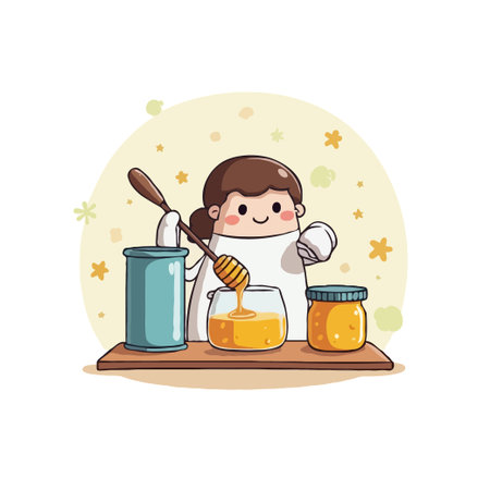 Adorable cartoon chef character pouring honey into a jar, surrounded by honey-related items. Vector illustration.のイラスト素材