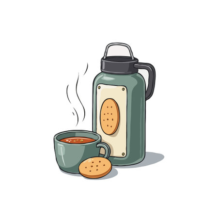 Illustration of a warm tea in a mug with cookies and a thermos, perfect for a relaxing break.のイラスト素材