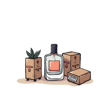 Whimsical illustration of a perfume bottle with creative packaging, blending beauty with playful design elements.のイラスト素材