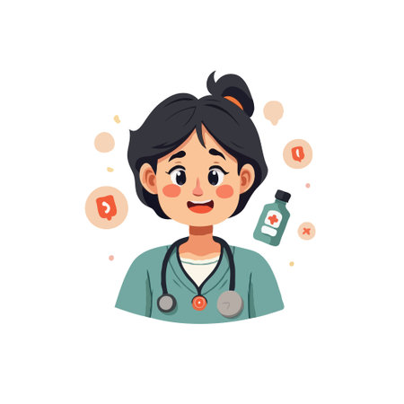 Illustration of a friendly cartoon nurse wearing a stethoscope, with a medicine bottle and medical symbols around her.のイラスト素材