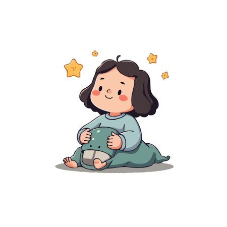 Adorable cartoon illustration of a baby girl sitting and hugging a hippo plush toy with stars around.のイラスト素材