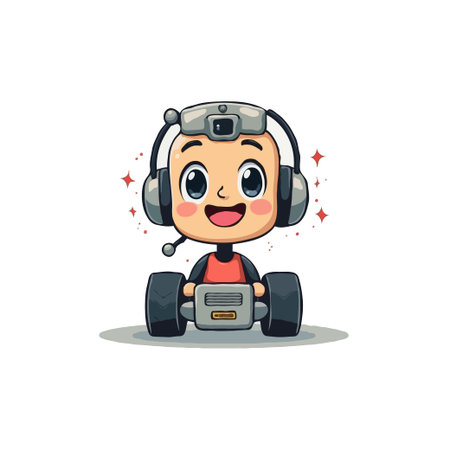 Adorable cartoon gamer kid with headset driving a toy car. Vector illustration for children's design.のイラスト素材