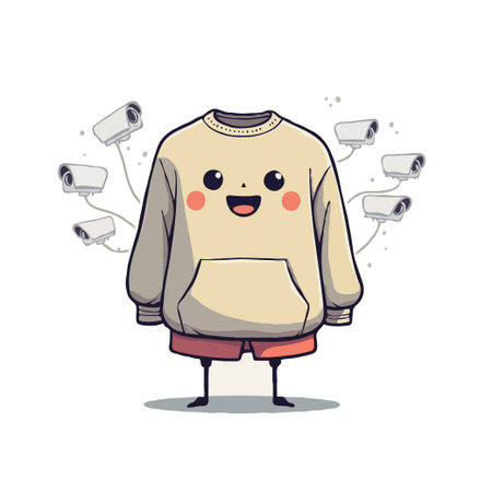 Cute cartoon sweater character with a face surrounded by security cameras, illustrating surveillance and monitoring in a playful way.のイラスト素材