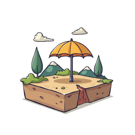 Conceptual illustration of earth protection. Features an umbrella protecting land with trees and mountains from the elements.のイラスト素材