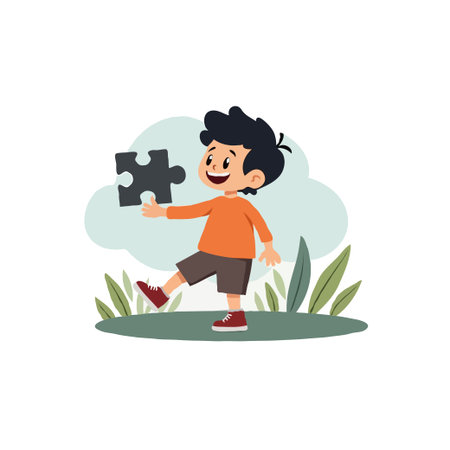 Happy boy holds a puzzle piece outdoors. Concept of problem solving, education, and childhood development. Vector illustration.のイラスト素材