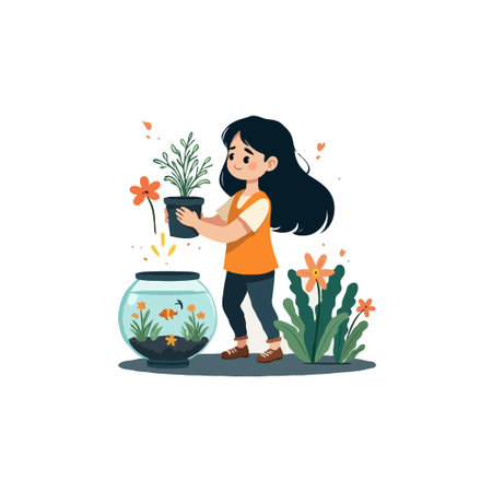 Illustration of a girl holding a potted plant near a fishbowl, surrounded by flowers and greenery, on a white background.のイラスト素材