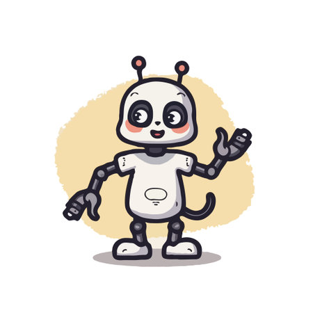 Adorable cartoon illustration of a panda-faced robot waving. Perfect for children's content, technology, and fun designs.のイラスト素材
