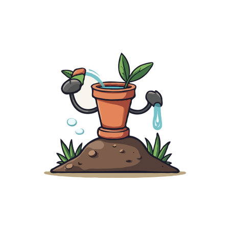 Cute cartoon plant pot character watering a plant. Hand-drawn vector illustration for gardening and nature themes.のイラスト素材