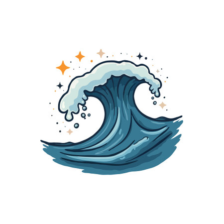 A stylized illustration of a blue ocean wave with white foam, surrounded by sparkling stars. Vector graphic.のイラスト素材
