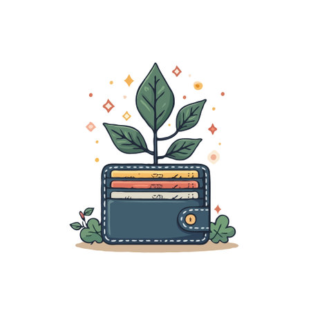 Illustration of a wallet with a plant growing out of it, symbolizing financial growth and investment.のイラスト素材