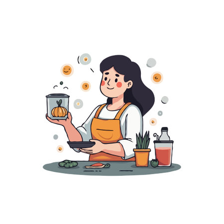 Illustration of a woman gardening, growing a pumpkin in a jar. Concept of hobby, healthy lifestyle, and organic food.のイラスト素材