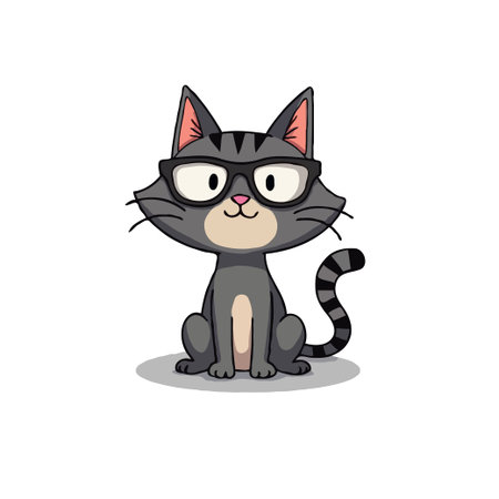 Adorable cartoon illustration of a gray cat wearing glasses, sitting upright with a striped tail. Isolated on white.のイラスト素材
