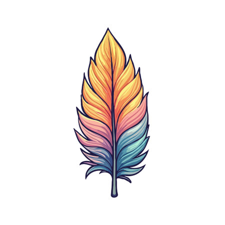 Vibrant feather illustration with a gradient of yellow, pink, and blue, isolated on a white background. Perfect for design projects.のイラスト素材