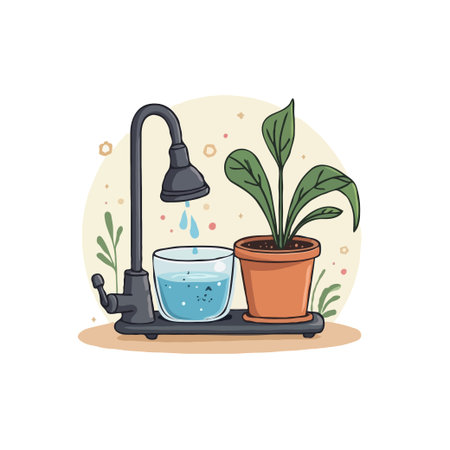 Illustration of an automated plant watering system. Plant in pot, water tap, glass of water. Self-watering system concept.のイラスト素材