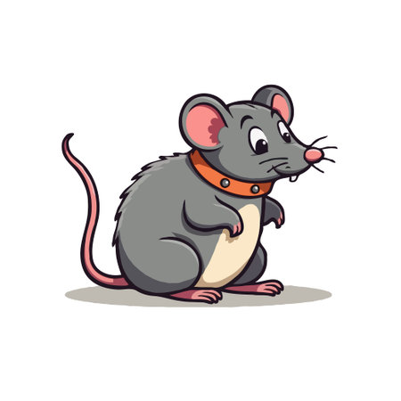 Cute cartoon illustration of a gray mouse wearing an orange collar, isolated on white background.のイラスト素材